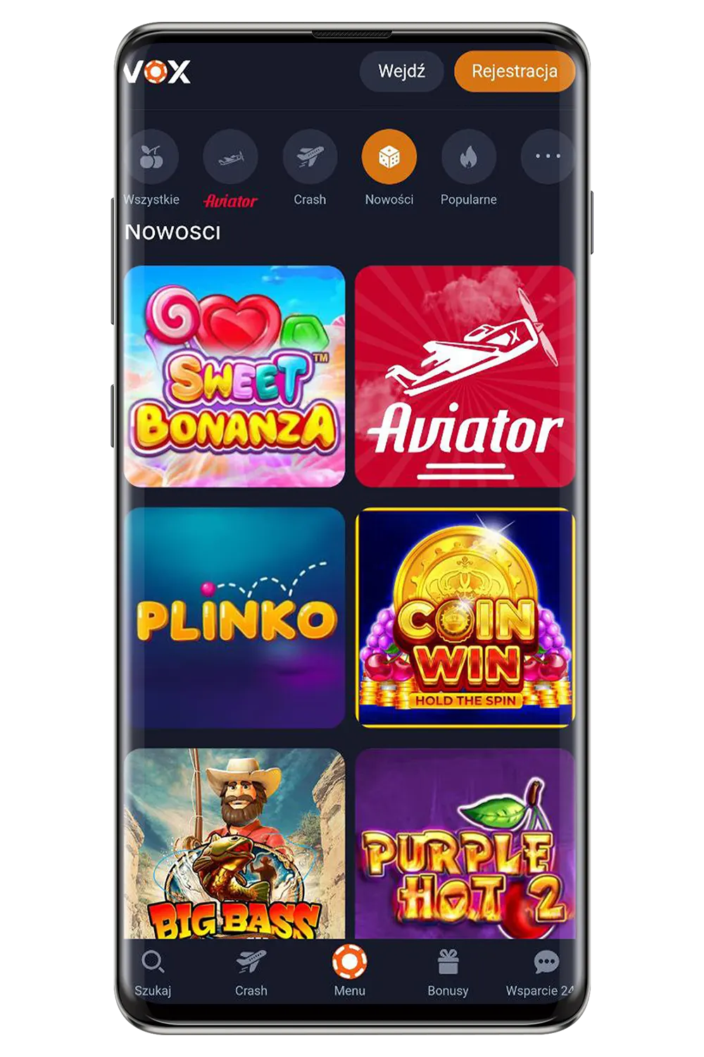 Zrzut ekranu z oficjalnej strony kasyna Vox